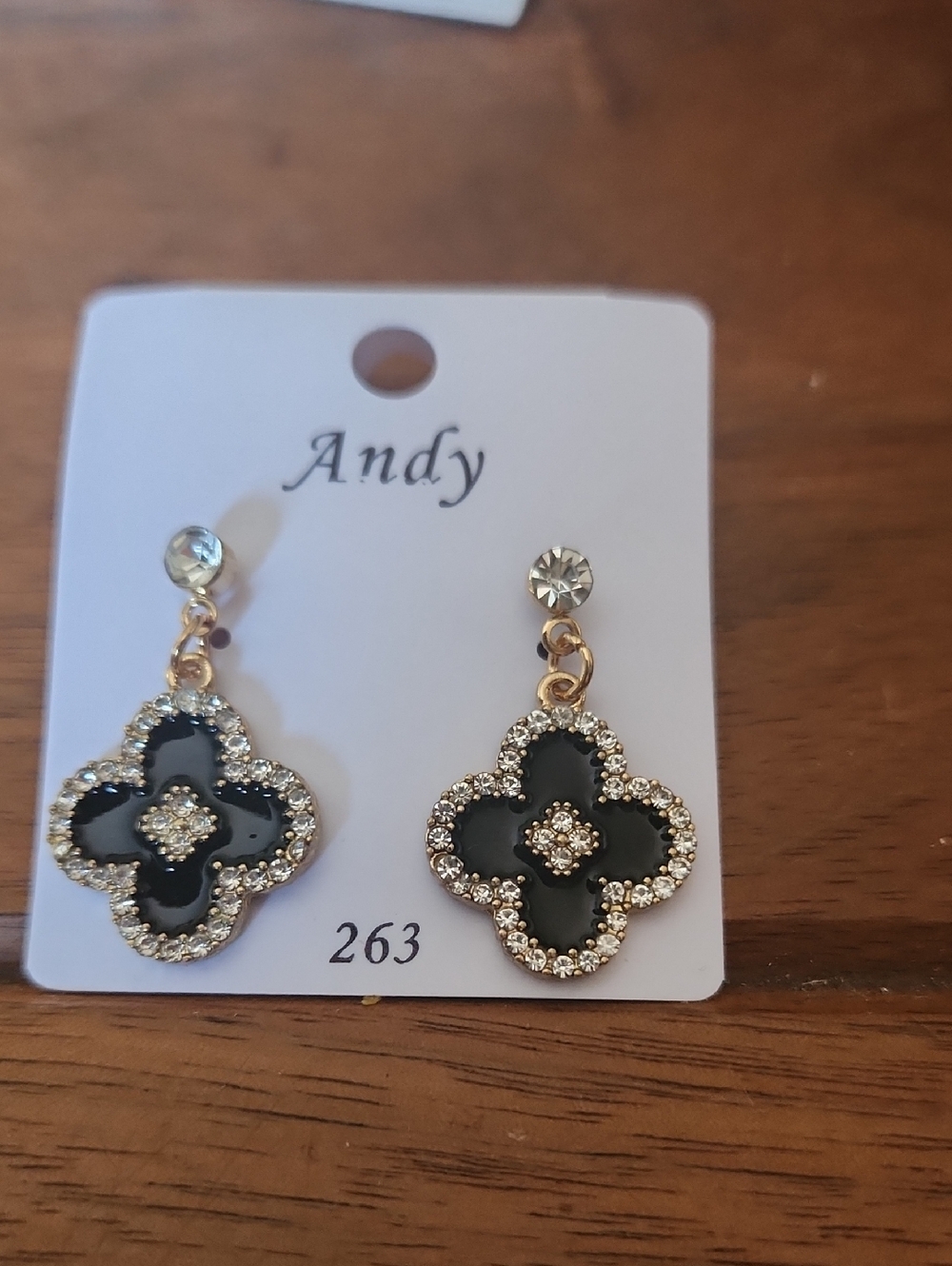 Andy & Evan Black and Gold Clover Drop Earrings with Clear Rhinestones